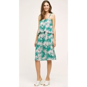 HD in PARIS Anthropologie Green Palm Tropical Print Tiered‎ Midi Dress Tie Sz S